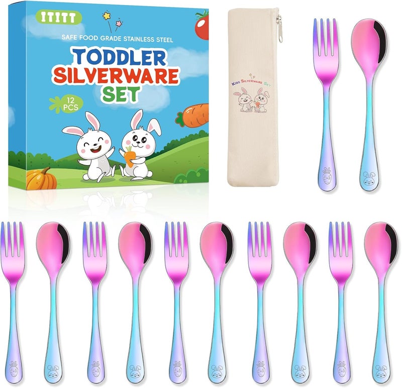 ITITT 12 Pieces Stainless Steel Rainbow Toddler Utensils Set - Food Grade Kids Silverware Set Children Safe Small Forks and Spoons Mirror Polished Sturdy and Durable Dishwasher Safe - Image 1